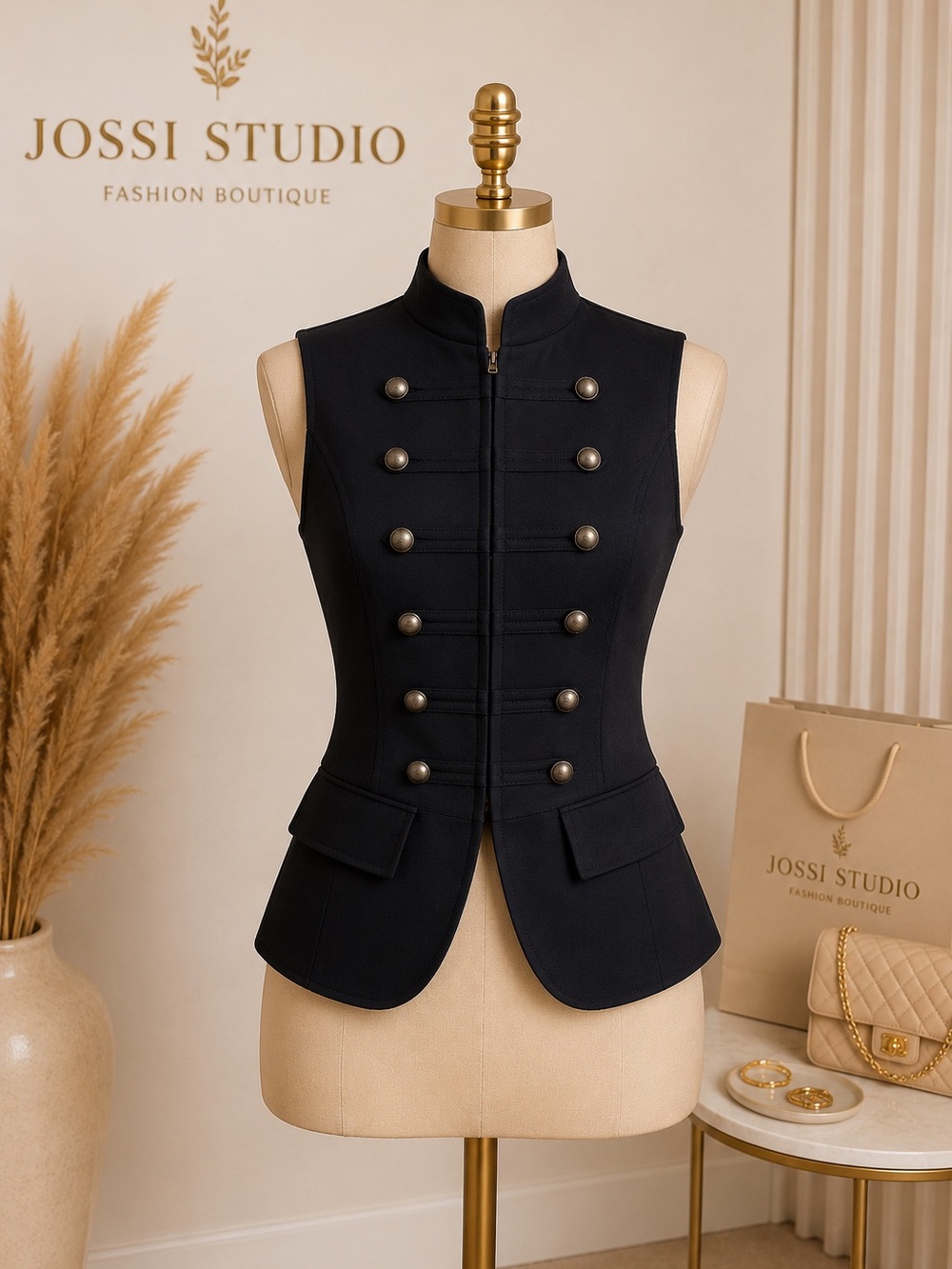 Women's Black Military-Style Sleeveless Jacket